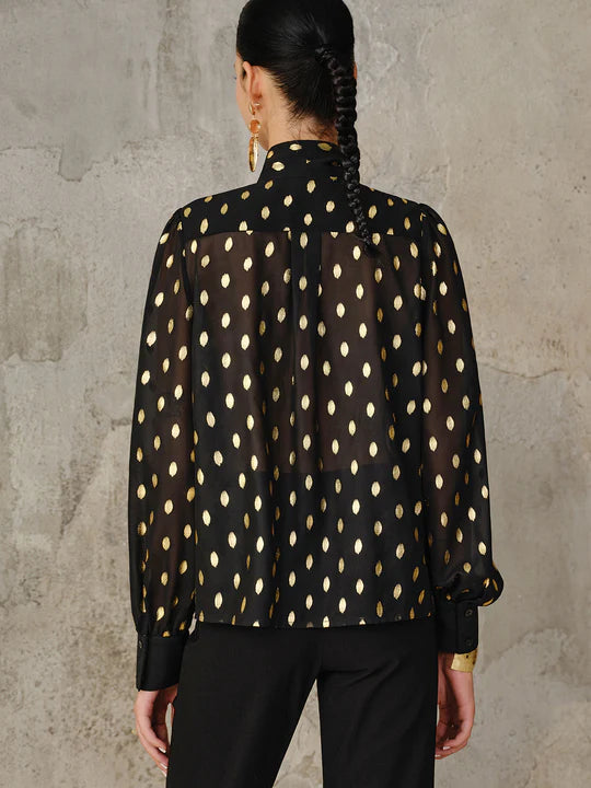 Polka Dot Bow Neckline Semi-Sheer Blouse
