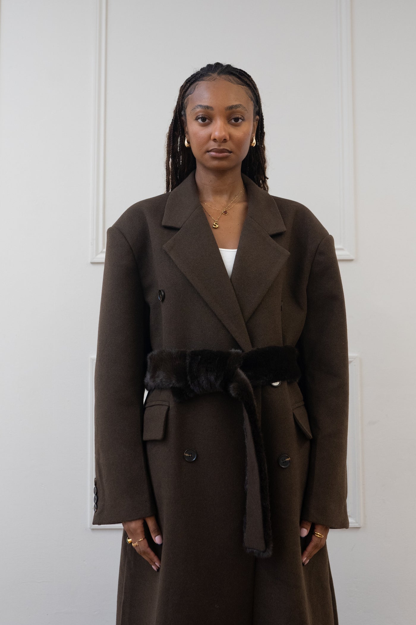 FAUX FUR BELT DOUBLE BREASTED COAT