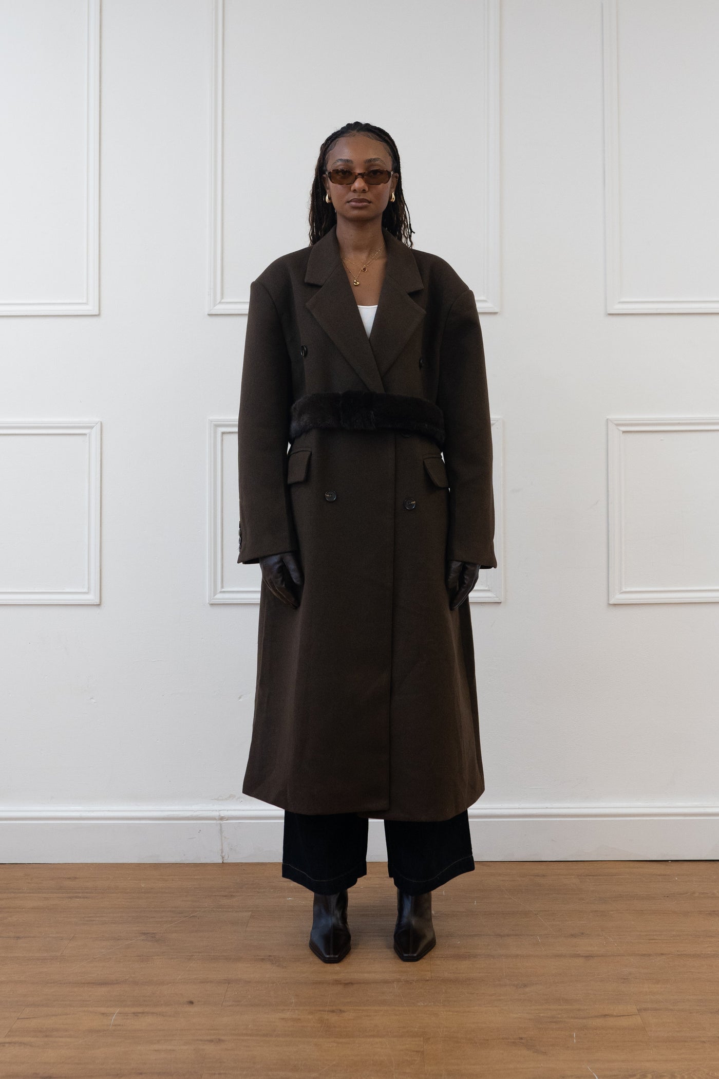 FAUX FUR BELT DOUBLE BREASTED COAT
