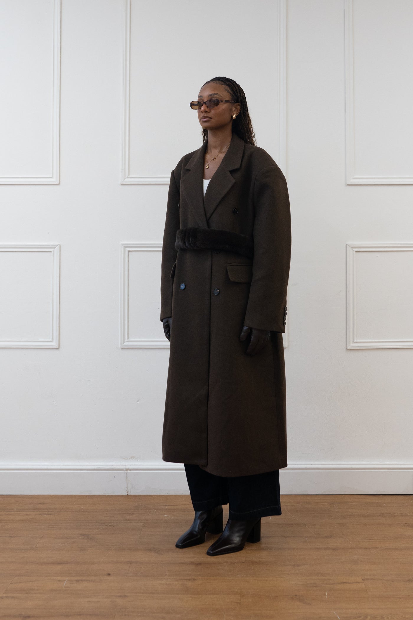 FAUX FUR BELT DOUBLE BREASTED COAT