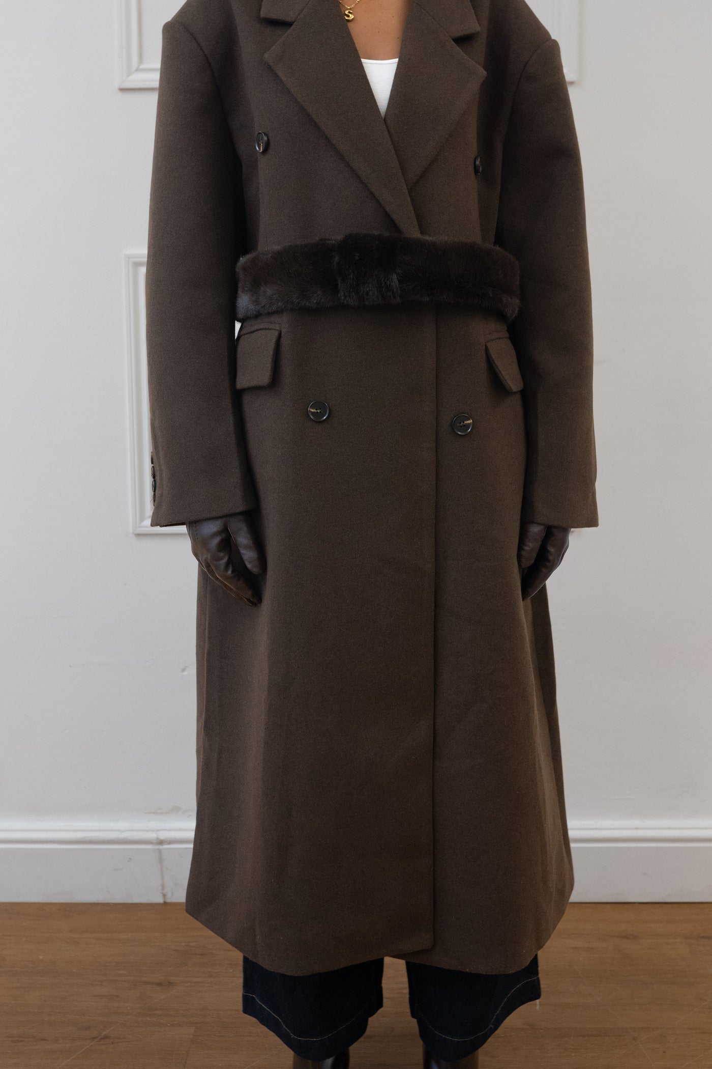 FAUX FUR BELT DOUBLE BREASTED COAT