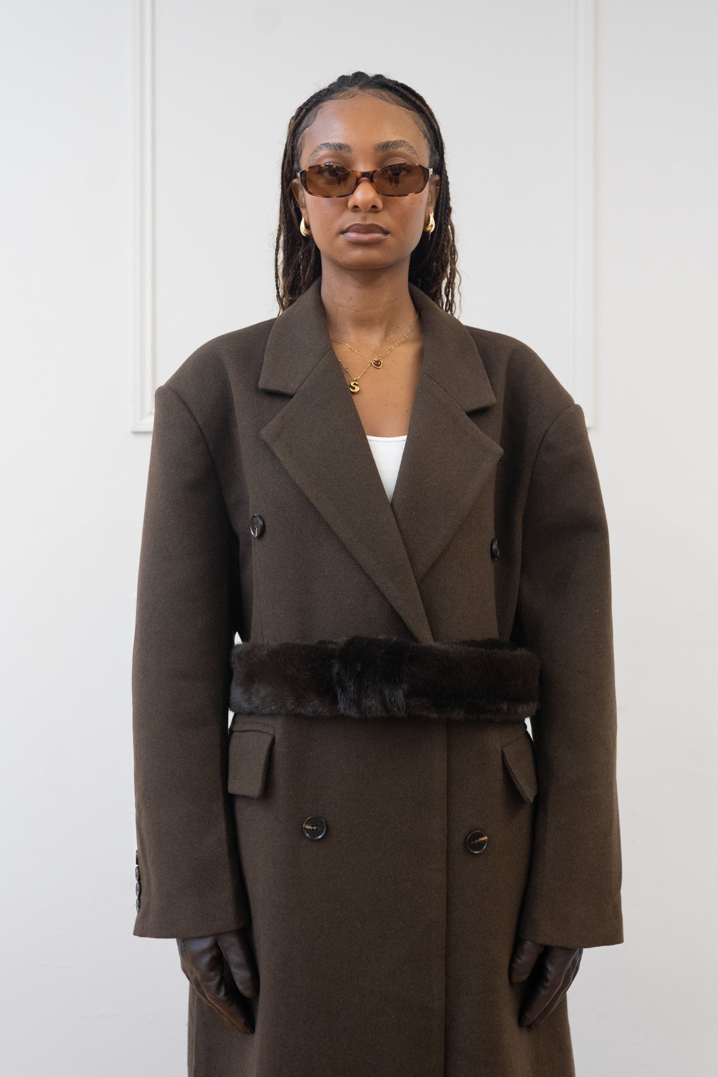 FAUX FUR BELT DOUBLE BREASTED COAT