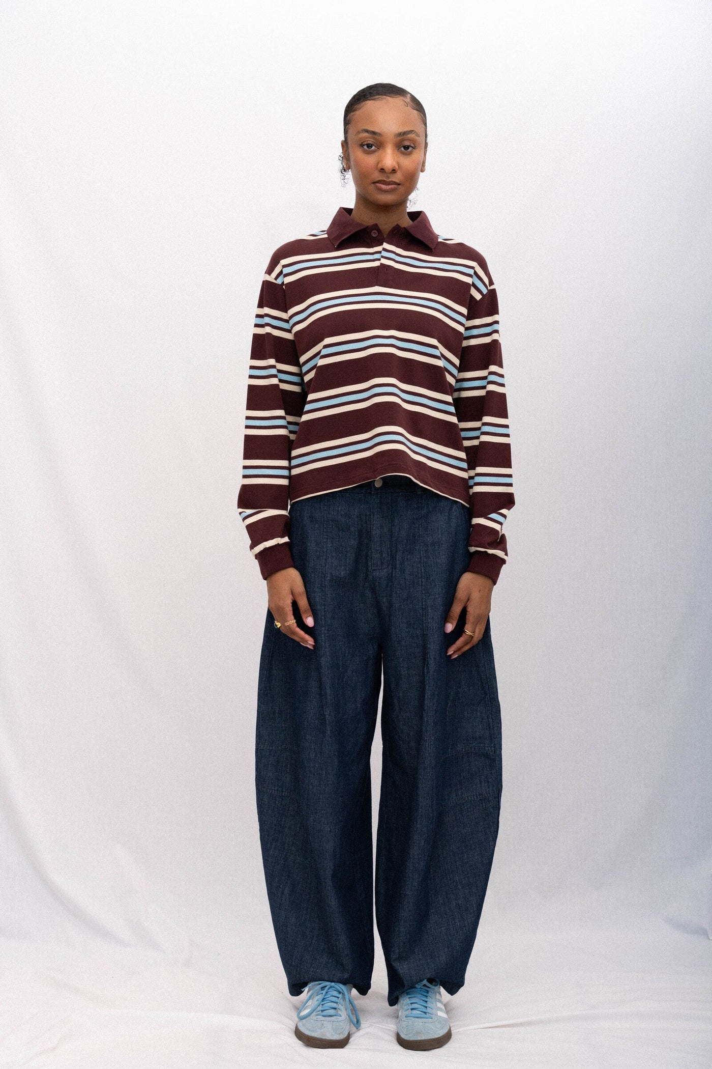 SPORTY LONG SLEEVE POLO, MAROON STRIPED