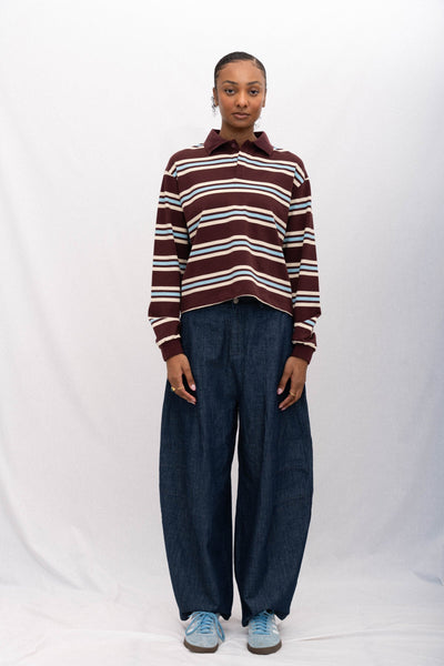 SPORTY LONG SLEEVE POLO, MAROON STRIPED