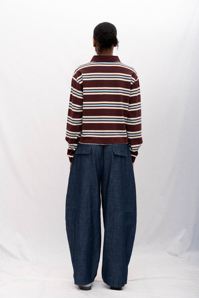 SPORTY LONG SLEEVE POLO, MAROON STRIPED