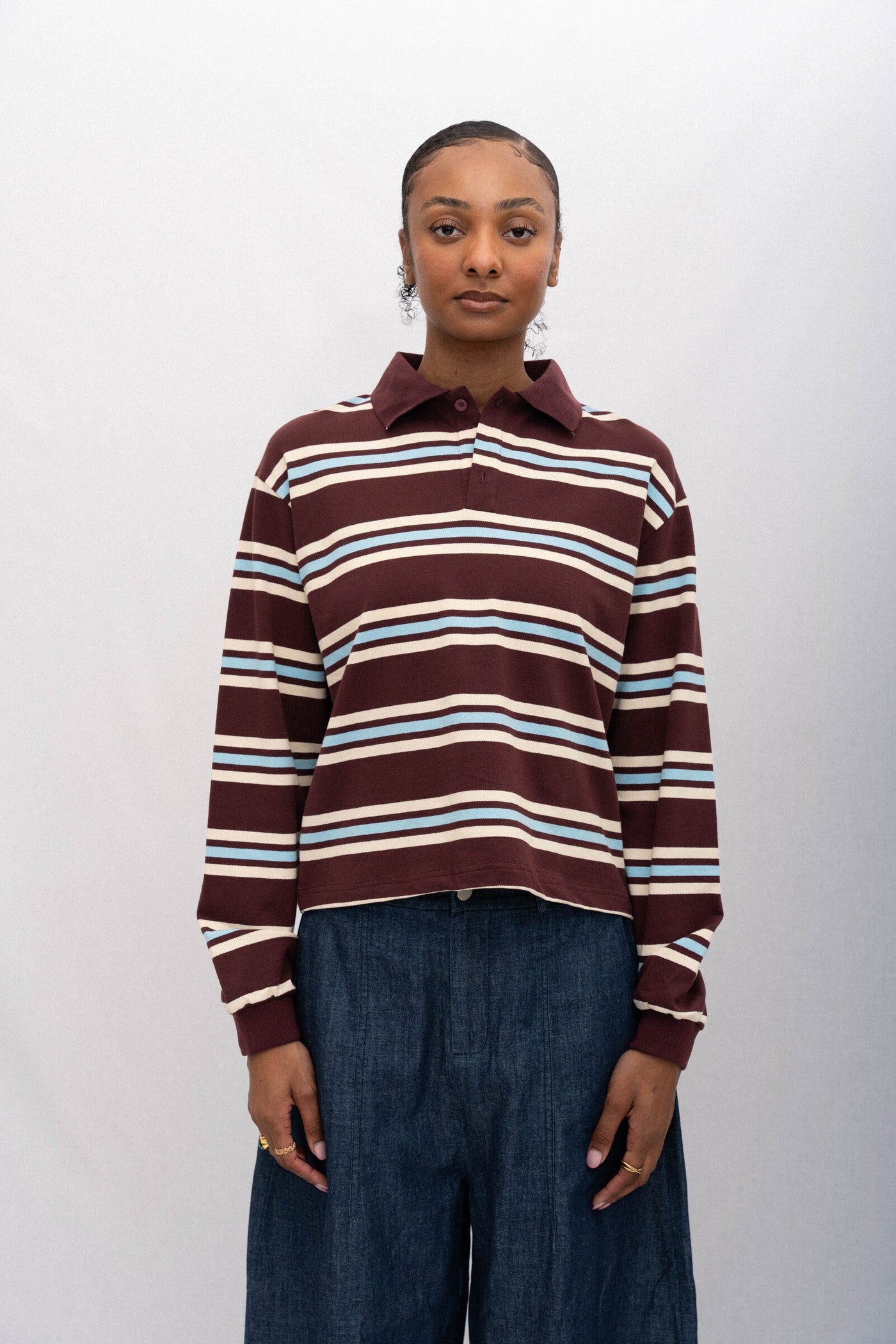 SPORTY LONG SLEEVE POLO, MAROON STRIPED