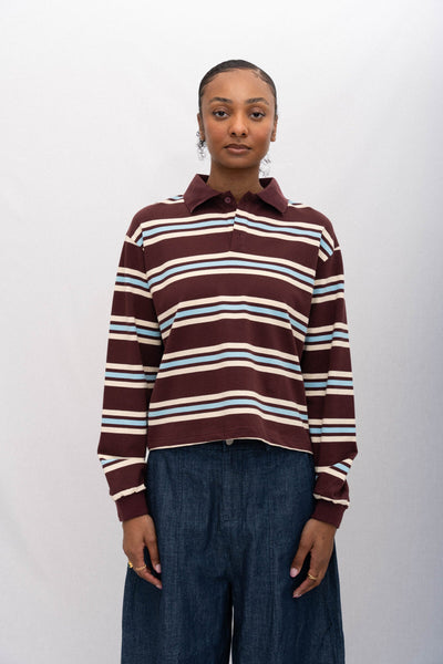 SPORTY LONG SLEEVE POLO, MAROON STRIPED