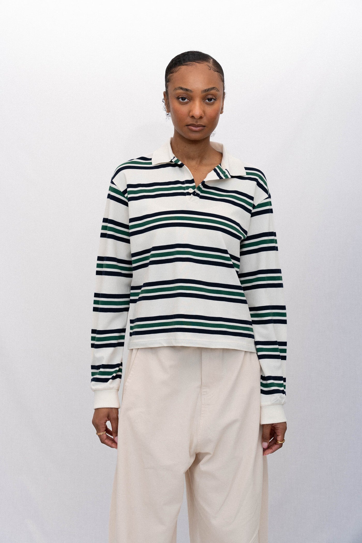 SPORTY LONG SLEEVE POLO, PINE STRIPED